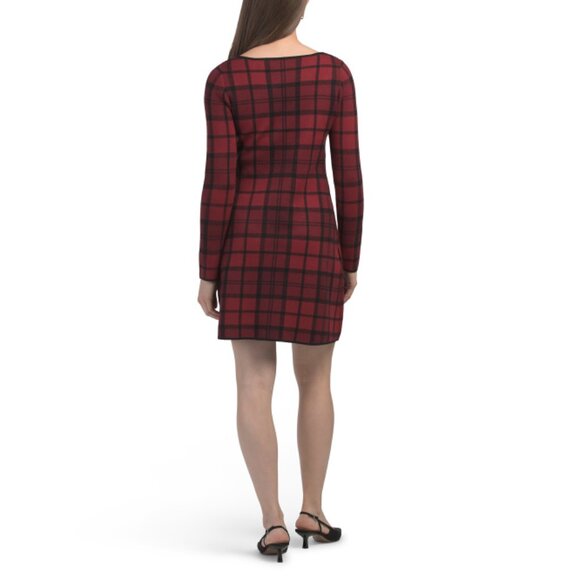 TAHARI Red Long Sleeve Plaid Mini Dress With Velvet Faux Pearl Hair Bow - Picture 2 of 2